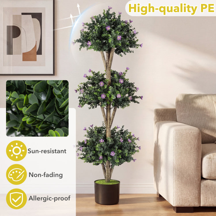 51" Artificial Triple Ball Boxwood Topiary Tree with 59 Blossoms