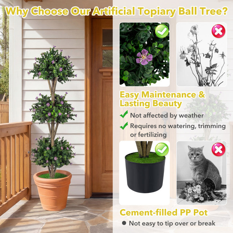 51" Artificial Triple Ball Boxwood Topiary Tree with 59 Blossoms