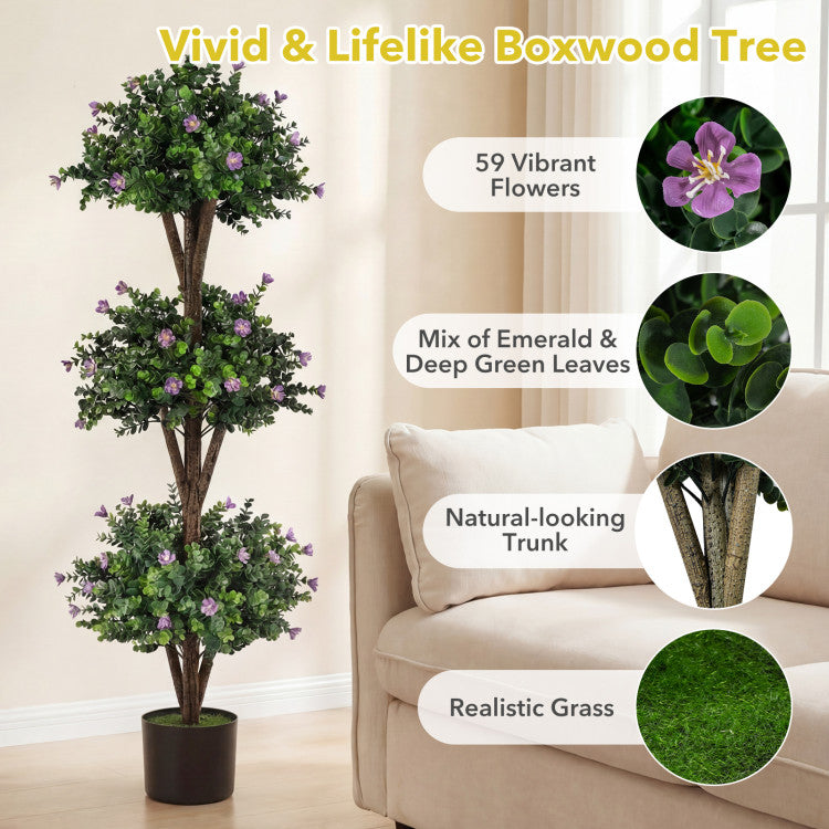 51" Artificial Triple Ball Boxwood Topiary Tree with 59 Blossoms