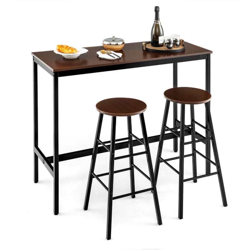 3 Pieces Bar Table Set with Dining Table and 2 round Stools