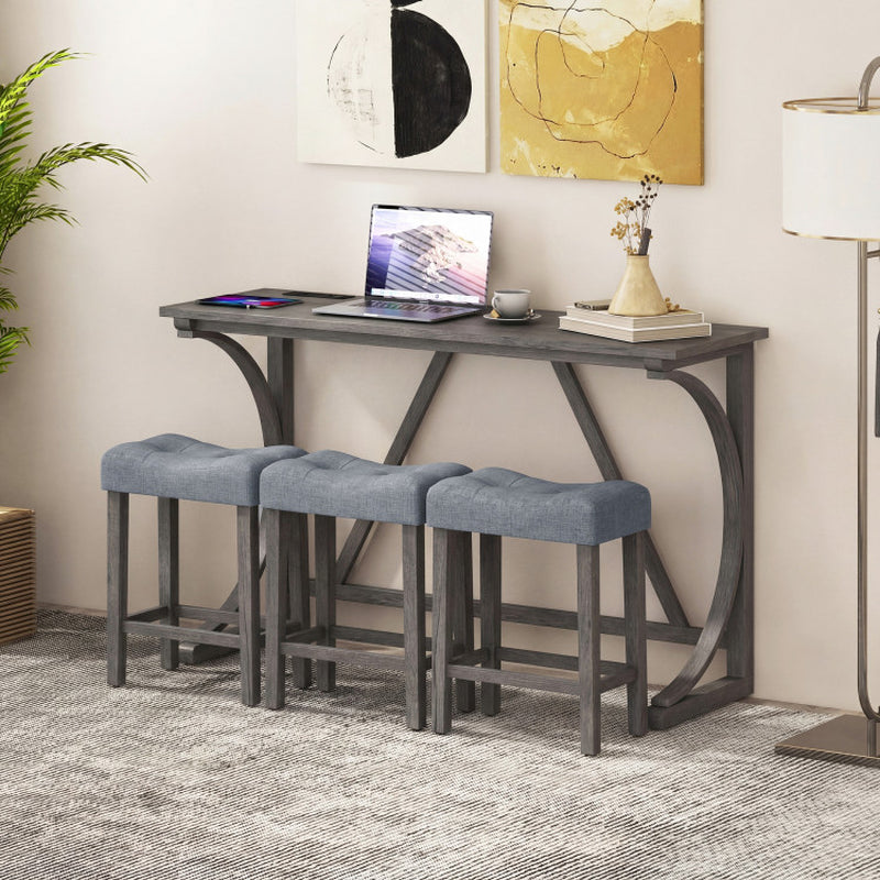 4-Piece Bar Table Set with Power Outlet and Upholstered Saddle Seat Stools