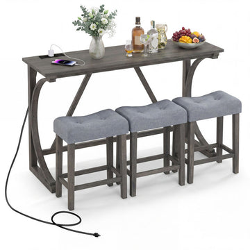 4-Piece Bar Table Set with Power Outlet and Upholstered Saddle Seat Stools