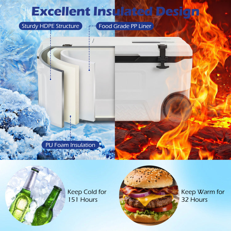 53 Quart Portable Rolling Cooler with Fish Ruler for Outdoor