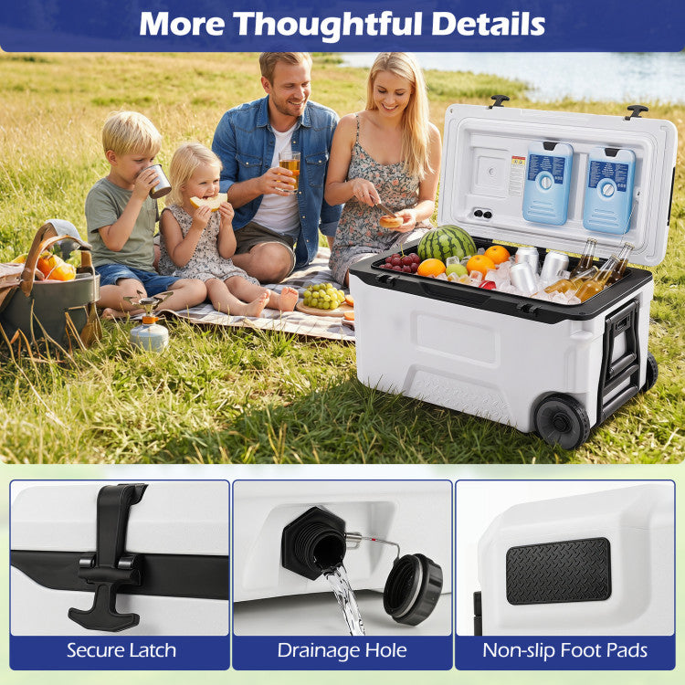 53 Quart Portable Rolling Cooler with Fish Ruler for Outdoor