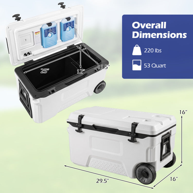 53 Quart Portable Rolling Cooler with Fish Ruler for Outdoor