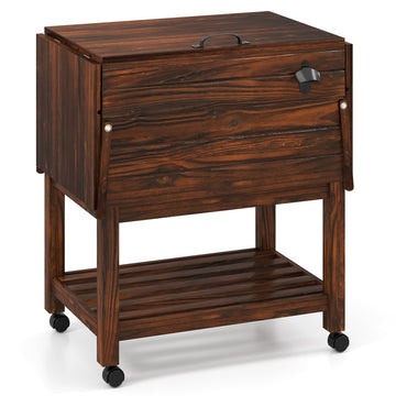 54 Quart Wooden Cooler Cart for Patio Rolling Ice Chest with Shelves