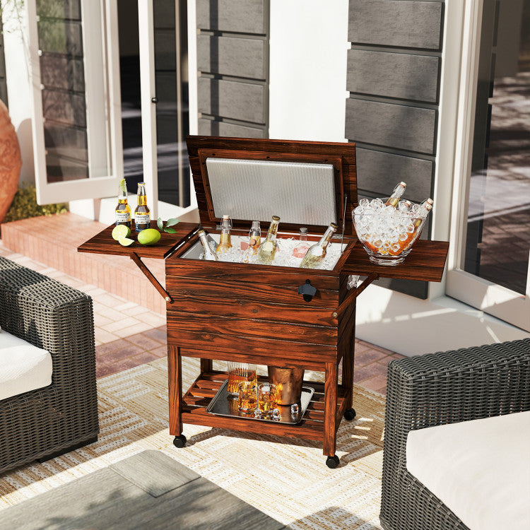 54 Quart Wooden Cooler Cart for Patio Rolling Ice Chest with Shelves