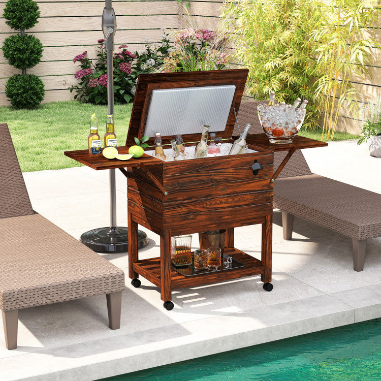 54 Quart Wooden Cooler Cart for Patio Rolling Ice Chest with Shelves