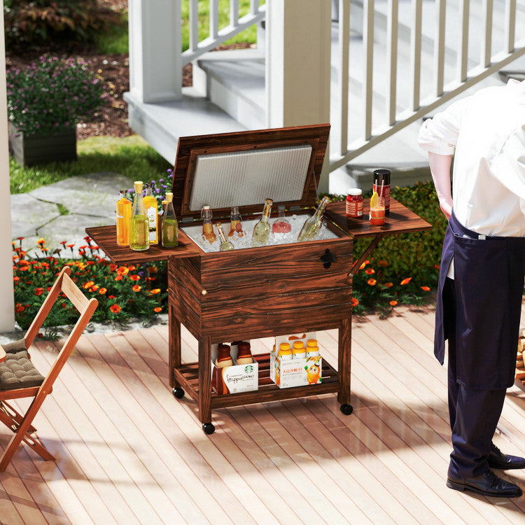 54 Quart Wooden Cooler Cart for Patio Rolling Ice Chest with Shelves