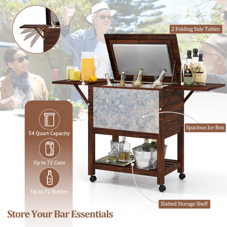 54 Quart Wooden Cooler Cart for Patio Rolling Ice Chest with Shelves