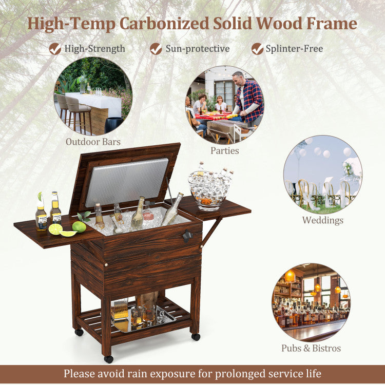 54 Quart Wooden Cooler Cart for Patio Rolling Ice Chest with Shelves