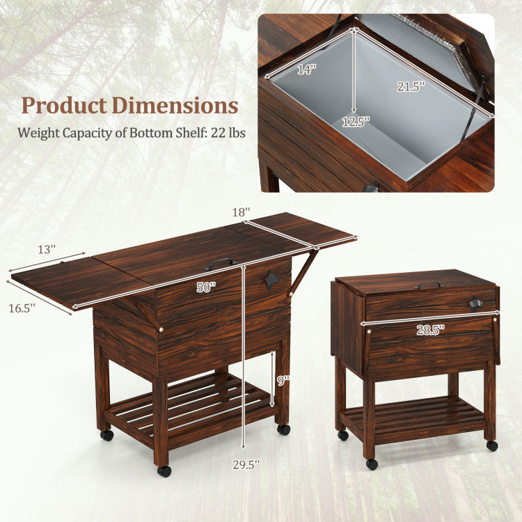 54 Quart Wooden Cooler Cart for Patio Rolling Ice Chest with Shelves