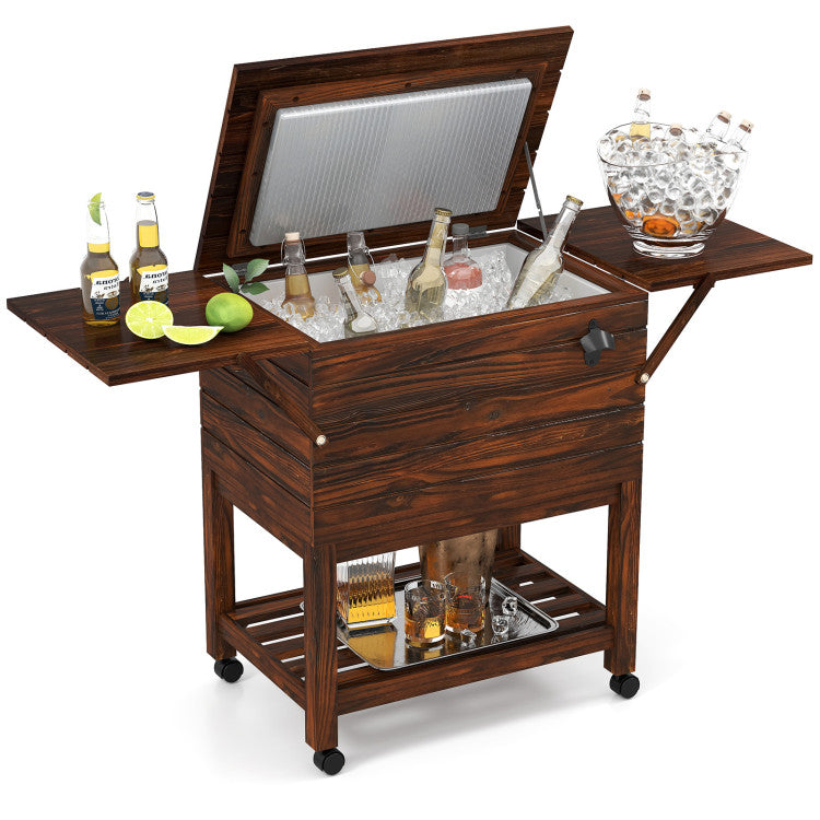 54 Quart Wooden Cooler Cart for Patio Rolling Ice Chest with Shelves