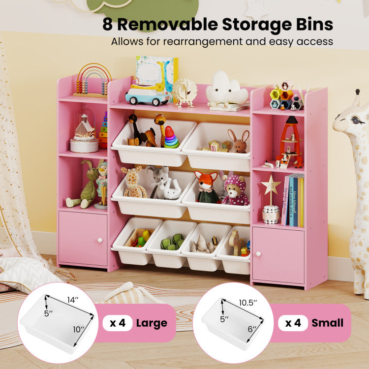 56 inch Large Toy Storage Organizer with 8 Removable Bins and Bookshelf