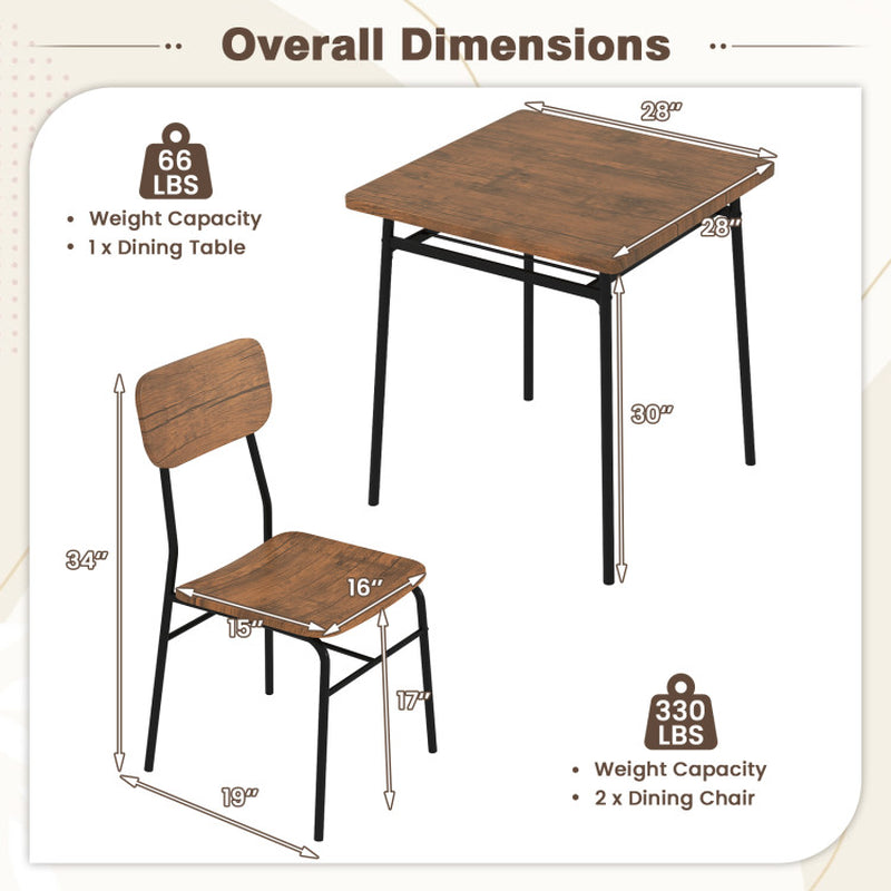 3 Pieces Dining Table Set for 2 Wood Square Table with Metal Frame