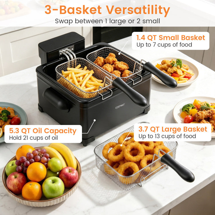 5.3-Qt Electric Deep Fryer with 3 Baskets 1700W LED Touch Screen and 6 Presets