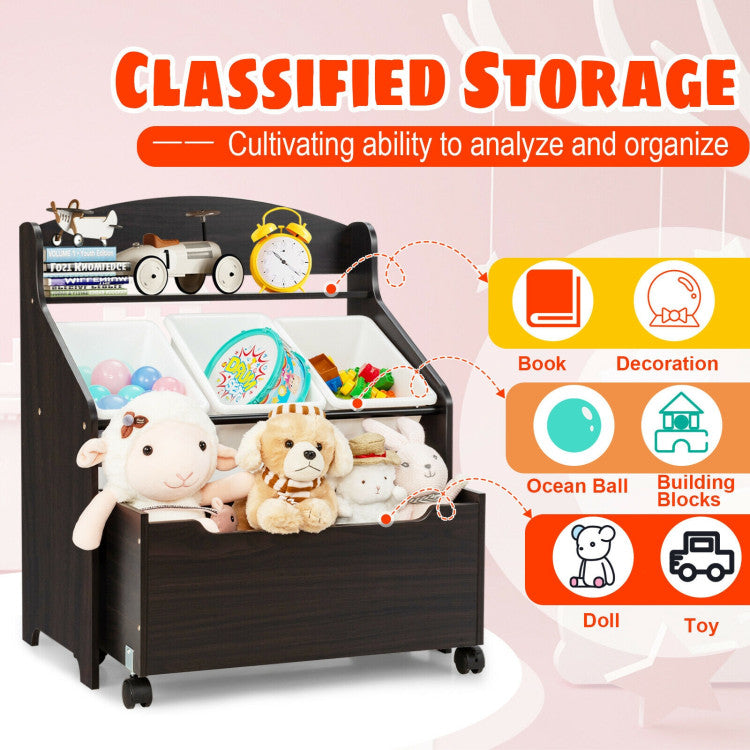 Kids Toy Storage Organizer with Rolling Toy Box and Plastic Bins, Wooden Cabinet