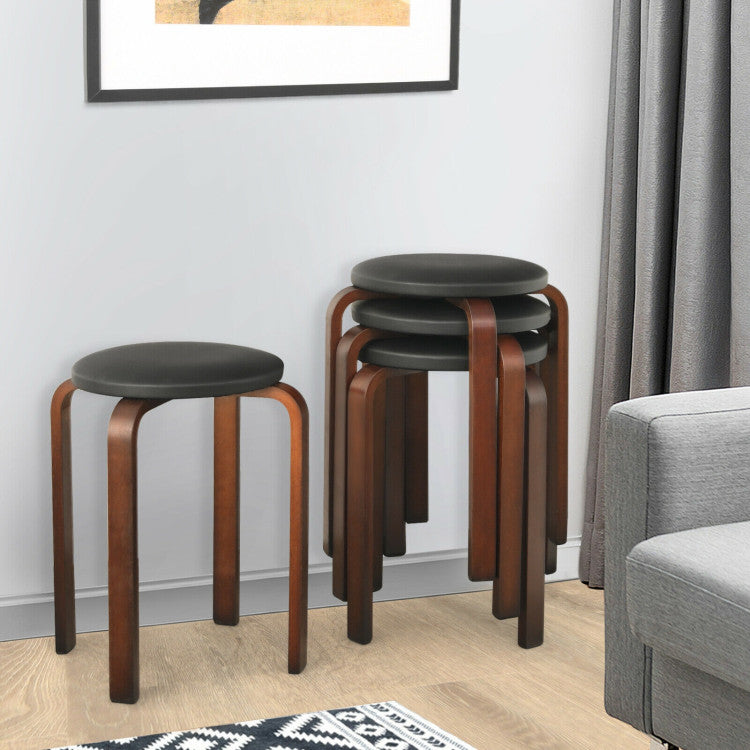 4-Pack Bentwood Stack Stools with PU Leather Round Top