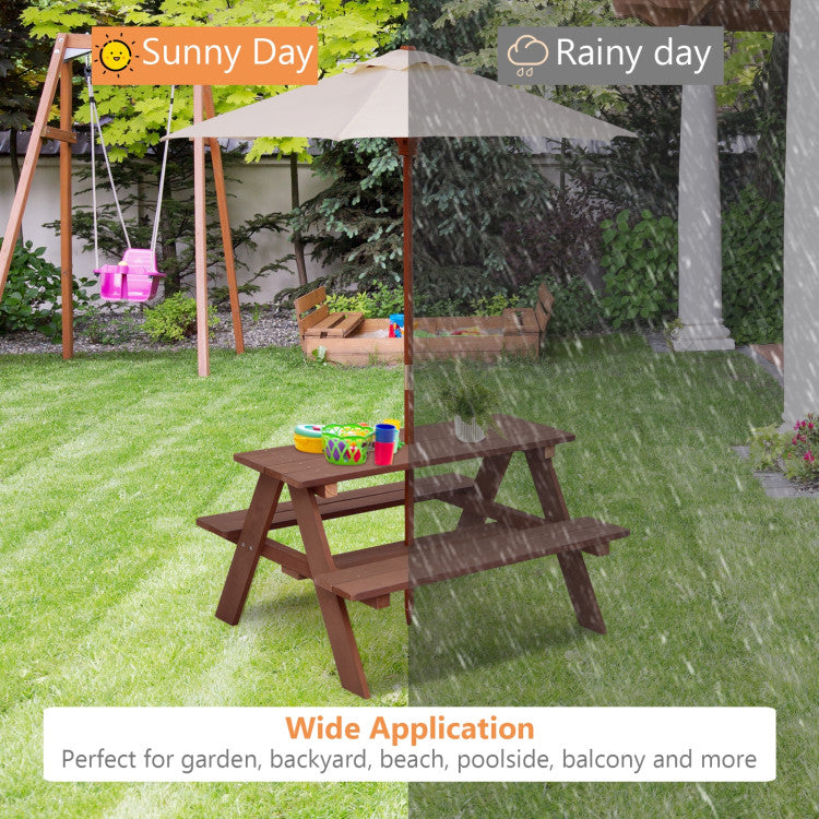 Outdoor 4-Seat Kids Picnic Table Bench Set with Removable Umbrella