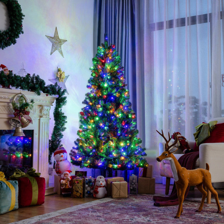 6/7/8 Feet Artificial Christmas Tree with Remote-controlled Color-changing LED Lights