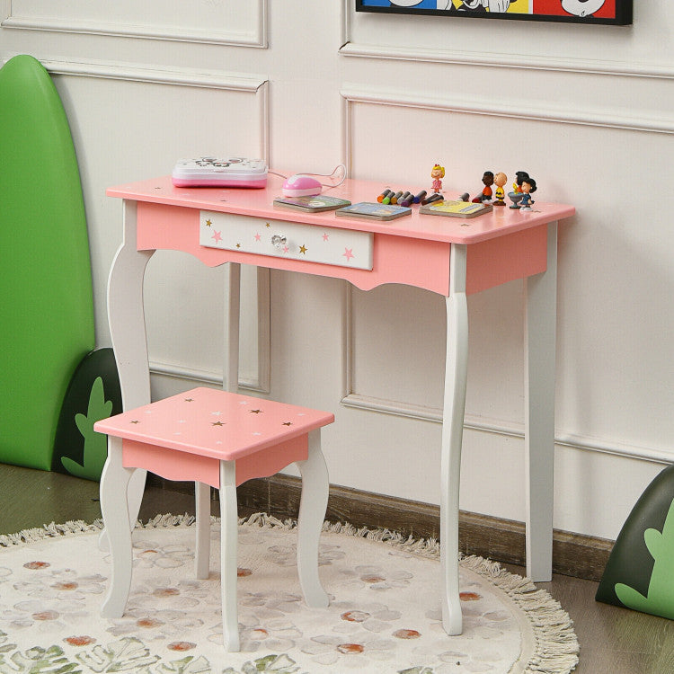Kids Princess Vanity Table and Stool Set with Tri-folding Mirror and Drawer