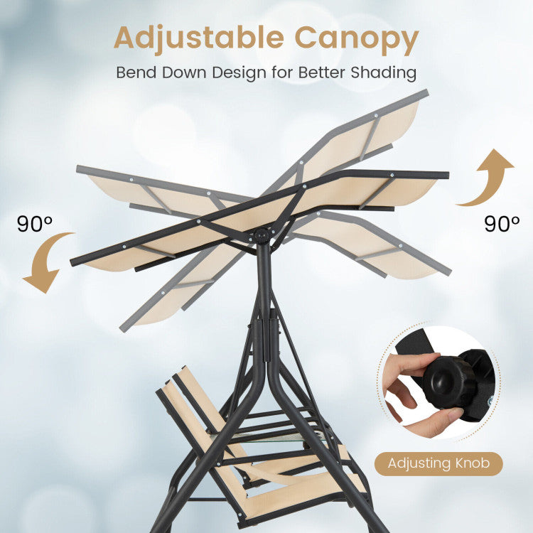 2-Seat Outdoor Cushioned Porch Swing with Adjustable Canopy and Tempered Glass Table