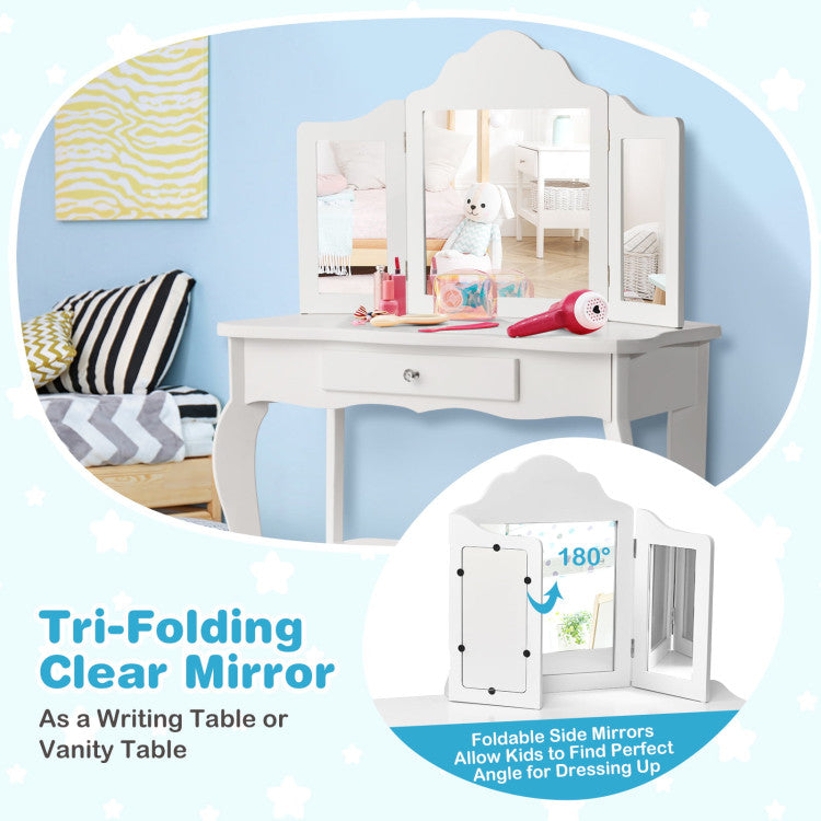 Kids Dressing Vanity Set with Detachable Tri-Folding Mirror and Stool
