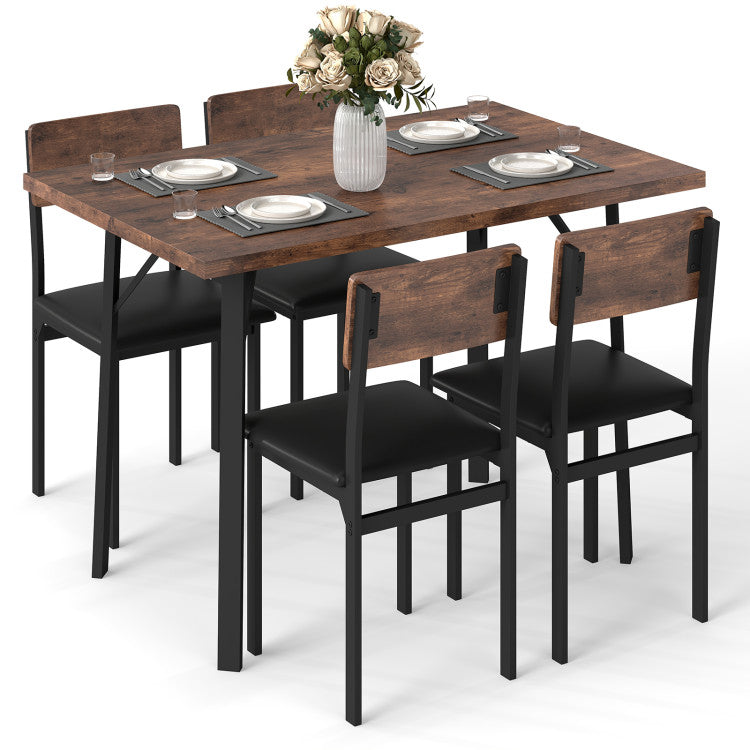 5-Piece Dining Table Set for 4 People Industrial Kitchen Table and 4 PU Leather Chairs