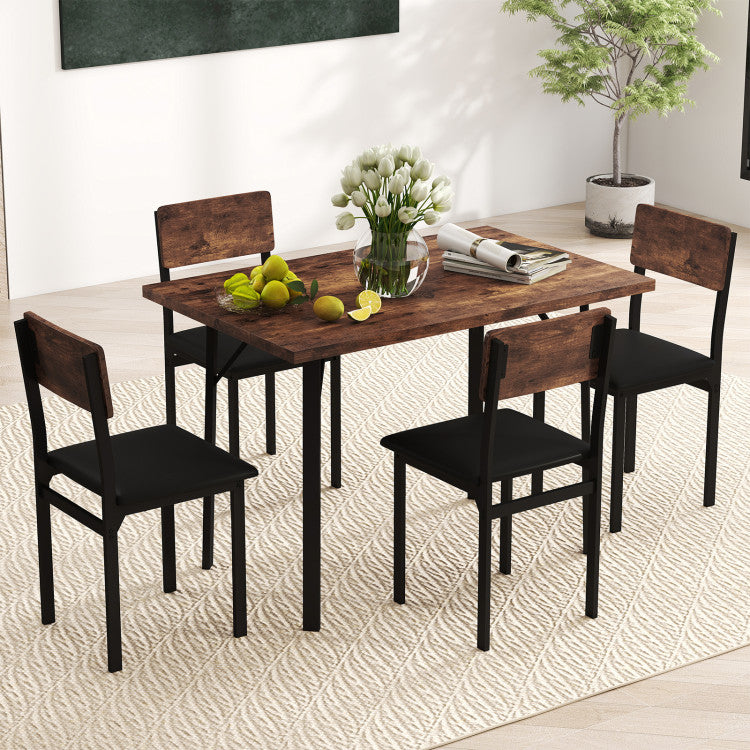5-Piece Dining Table Set for 4 People Industrial Kitchen Table and 4 PU Leather Chairs