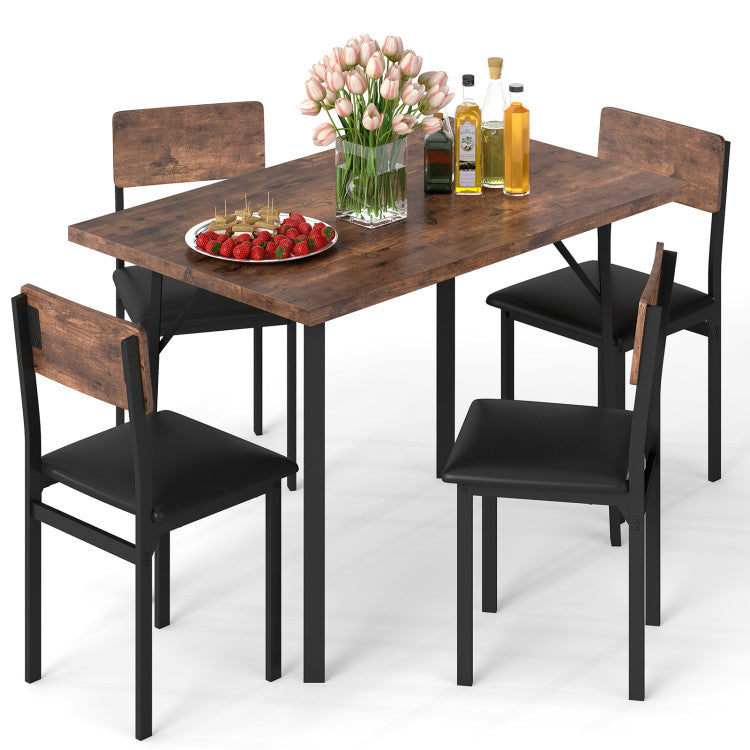 5-Piece Dining Table Set for 4 People Industrial Kitchen Table and 4 PU Leather Chairs