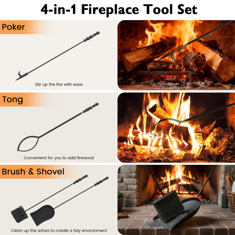 5-Pieces Fireplace Tool Set with Poker Tongs Brush Shovel and Round Stand