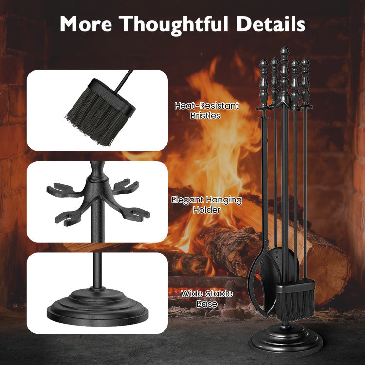 5-Pieces Fireplace Tool Set with Poker Tongs Brush Shovel and Round Stand