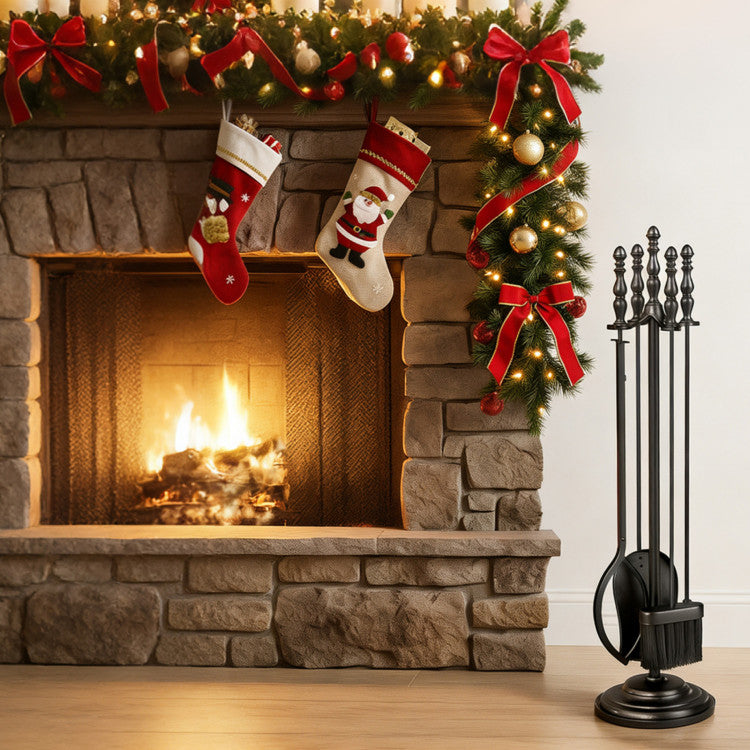 5-Pieces Fireplace Tool Set with Poker Tongs Brush Shovel and Round Stand