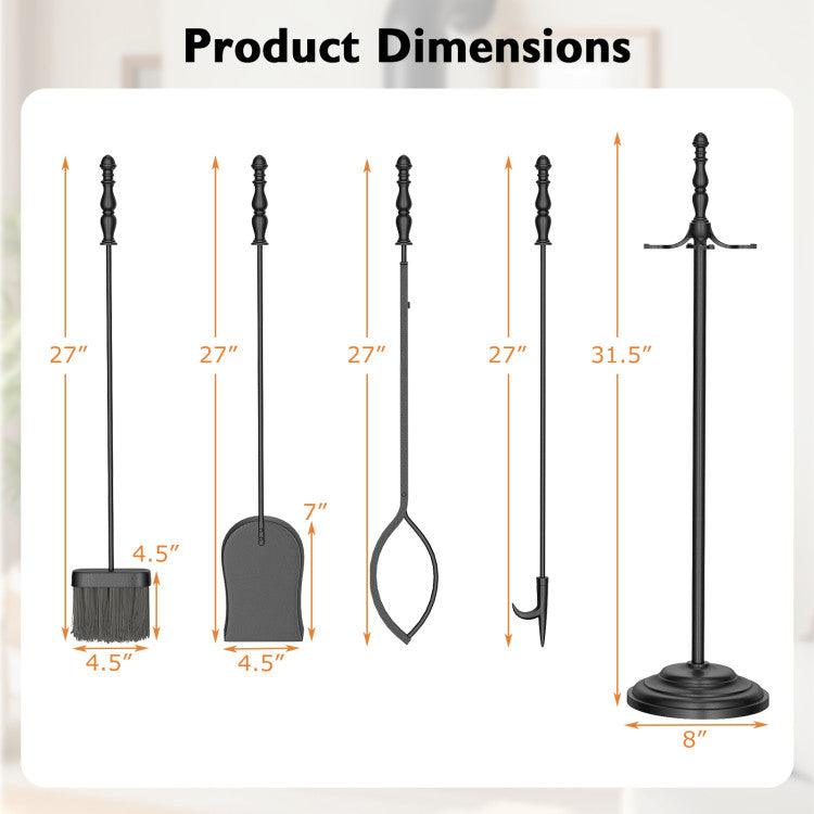 5-Pieces Fireplace Tool Set with Poker Tongs Brush Shovel and Round Stand