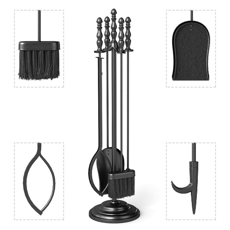 5-Pieces Fireplace Tool Set with Poker Tongs Brush Shovel and Round Stand