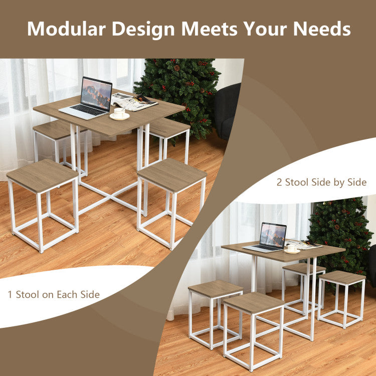 5 Pieces Metal Frame Dining Set with Compact Dining Table and 4 Stools