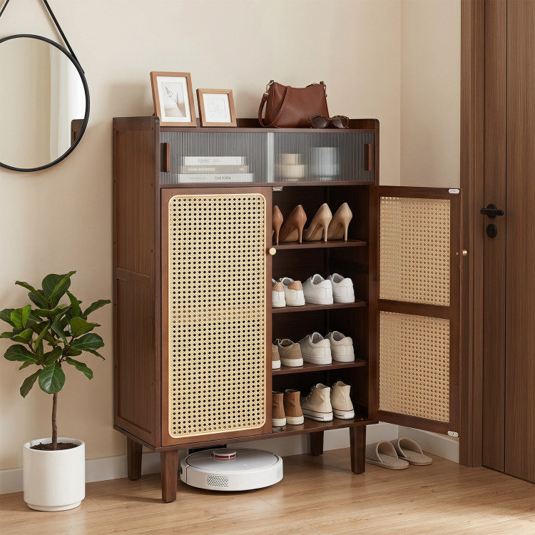 5-Tier Bamboo Shoe Cabinet with Woven Rattan Doors and Sliding Doors for Entryway