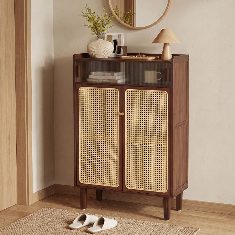 5-Tier Bamboo Shoe Cabinet with Woven Rattan Doors and Sliding Doors for Entryway
