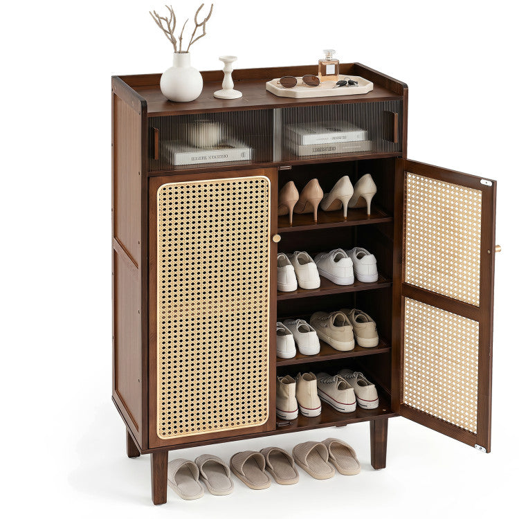5-Tier Bamboo Shoe Cabinet with Woven Rattan Doors and Sliding Doors for Entryway