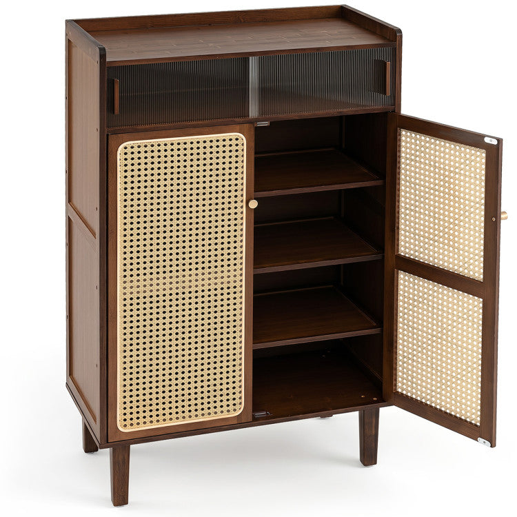 5-Tier Bamboo Shoe Cabinet with Woven Rattan Doors and Sliding Doors for Entryway