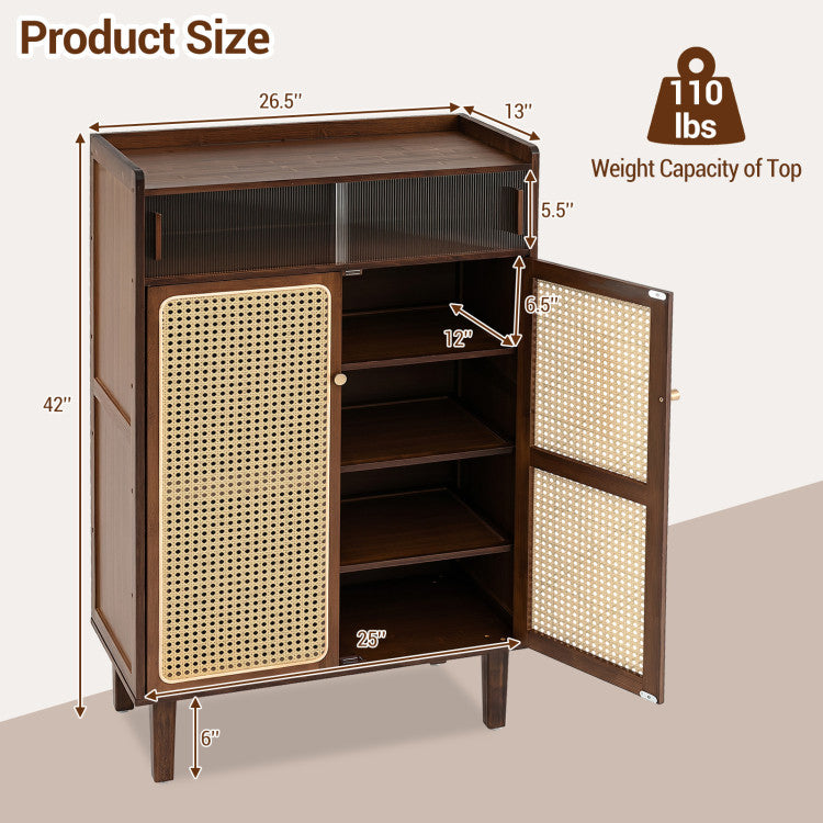 5-Tier Bamboo Shoe Cabinet with Woven Rattan Doors and Sliding Doors for Entryway