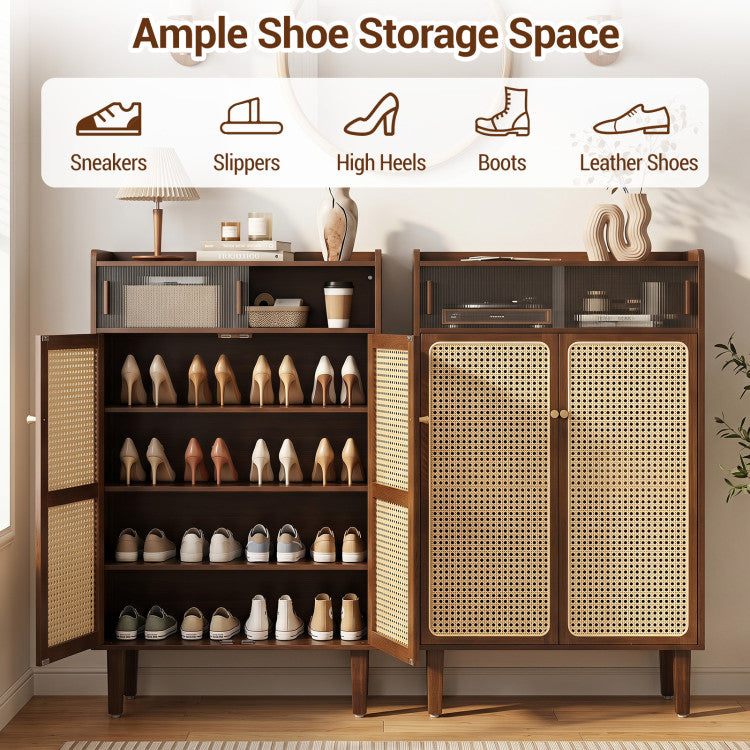 5-Tier Bamboo Shoe Cabinet with Woven Rattan Doors and Sliding Doors for Entryway