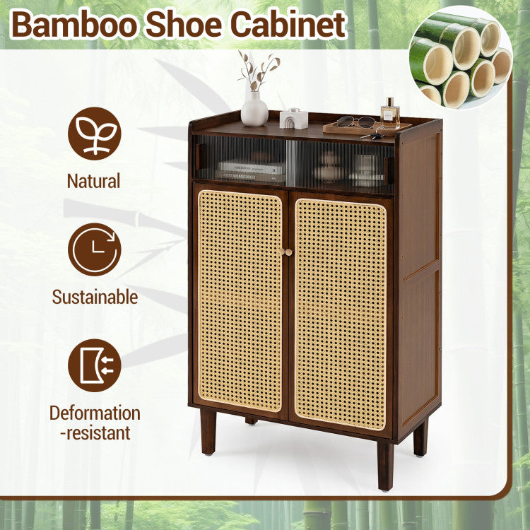 5-Tier Bamboo Shoe Cabinet with Woven Rattan Doors and Sliding Doors for Entryway