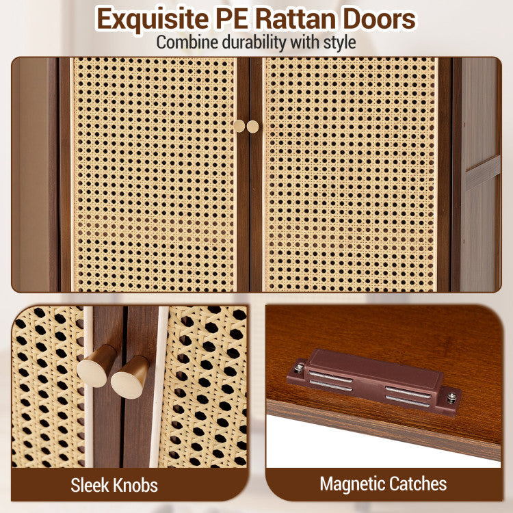 5-Tier Bamboo Shoe Cabinet with Woven Rattan Doors and Sliding Doors for Entryway