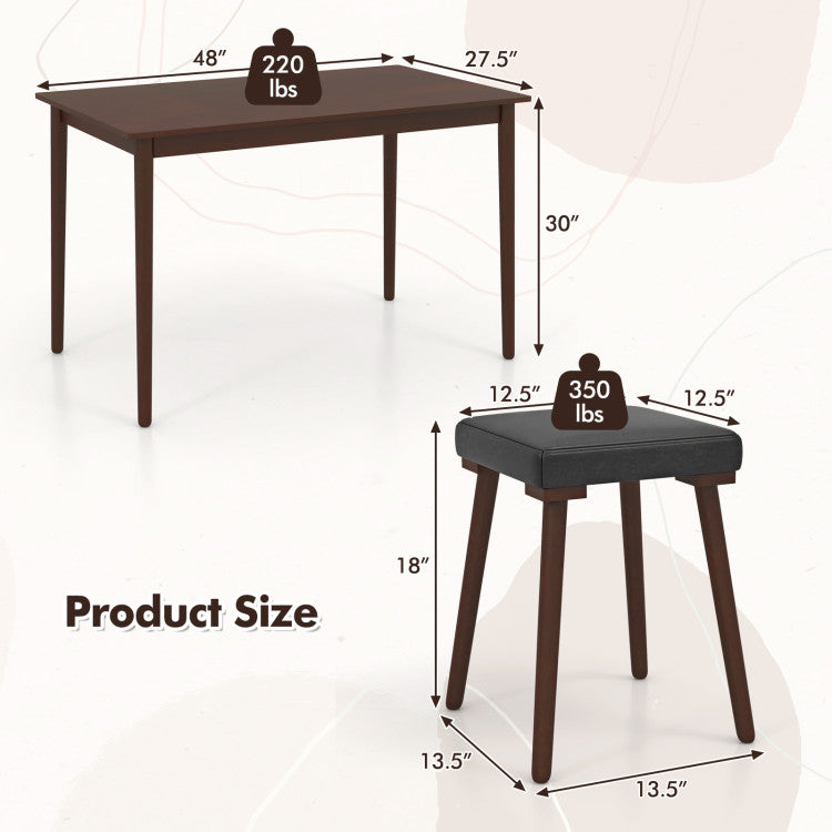 5 Piece Dining Table Set for 4 with 4 Upholstered Stools and Rubber Wood Legs