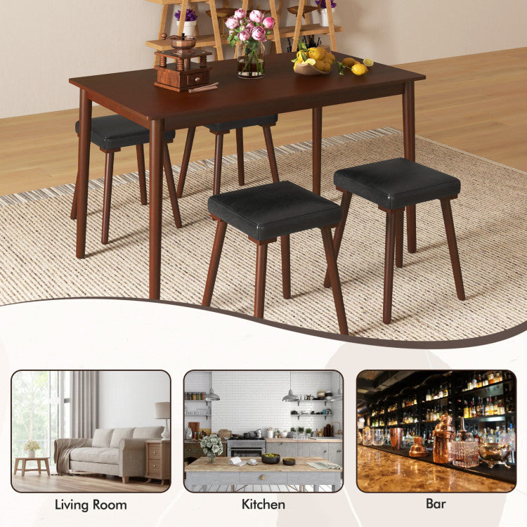 5 Piece Dining Table Set for 4 with 4 Upholstered Stools and Rubber Wood Legs