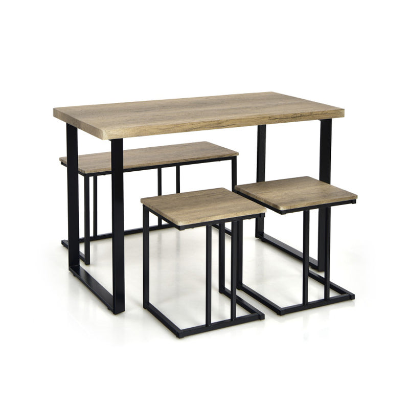 4 Pieces Industrial Dinette Set with Bench and 2 Stools