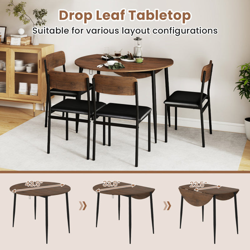 5-Piece round Kitchen Table Set with Drop Leaf Tabletop and 4 Upholstered Dining Chairs