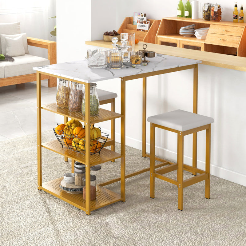 3 Pieces Gold Bar Table Set for 2 with 3-Tier Storage Shelves