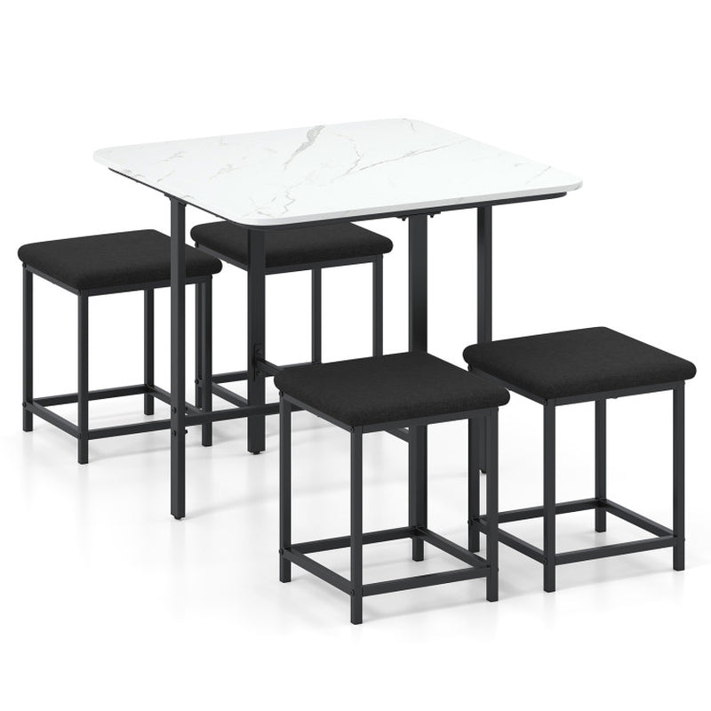 Dining Table Set with 4 Upholstered Stools and Metal Frame